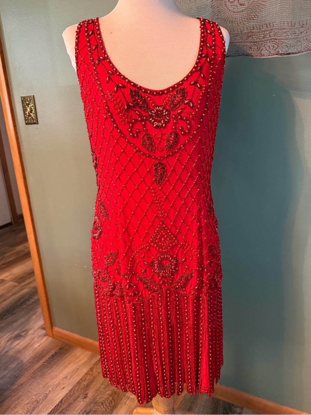 Red Beaded 100% Silk Fringe Vintage Flapper Dress